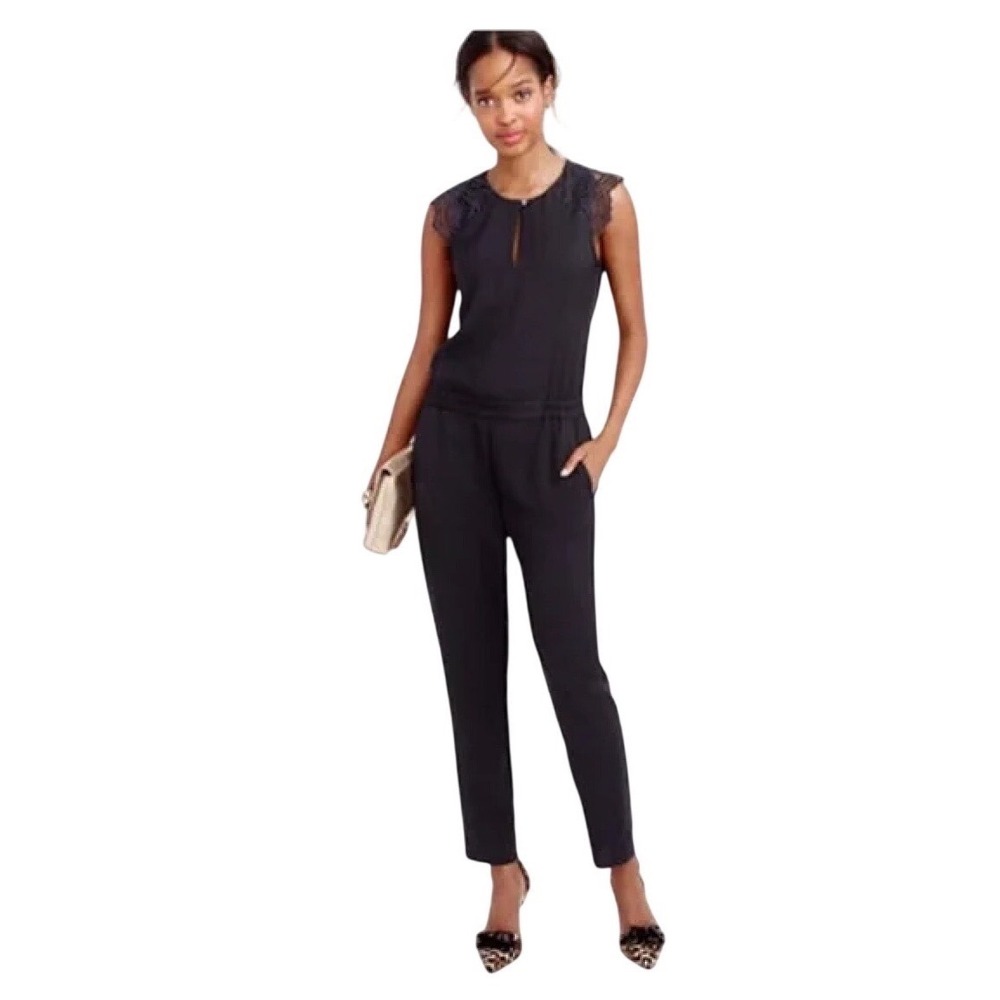 J.CREW Black Lace Sleeve Jumpsuit Wide Leg Elastic Waist Keyhole Neck Size 6‎